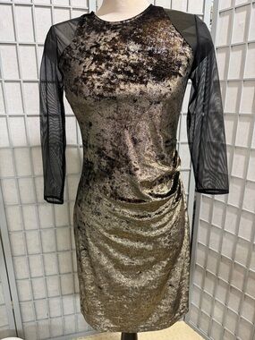 Tristan Metallic Gold Velvet Dress with Black Mesh Sleeves, Size Small